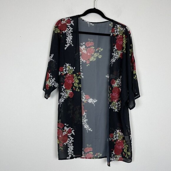 Floral Rose Kimono Short Sleeve Sheer Cardigan Size Small Black Red - Picture 1 of 5
